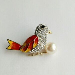 NEW Genuine Freshwater Pearl Crystal and Enamel Bird Brooch